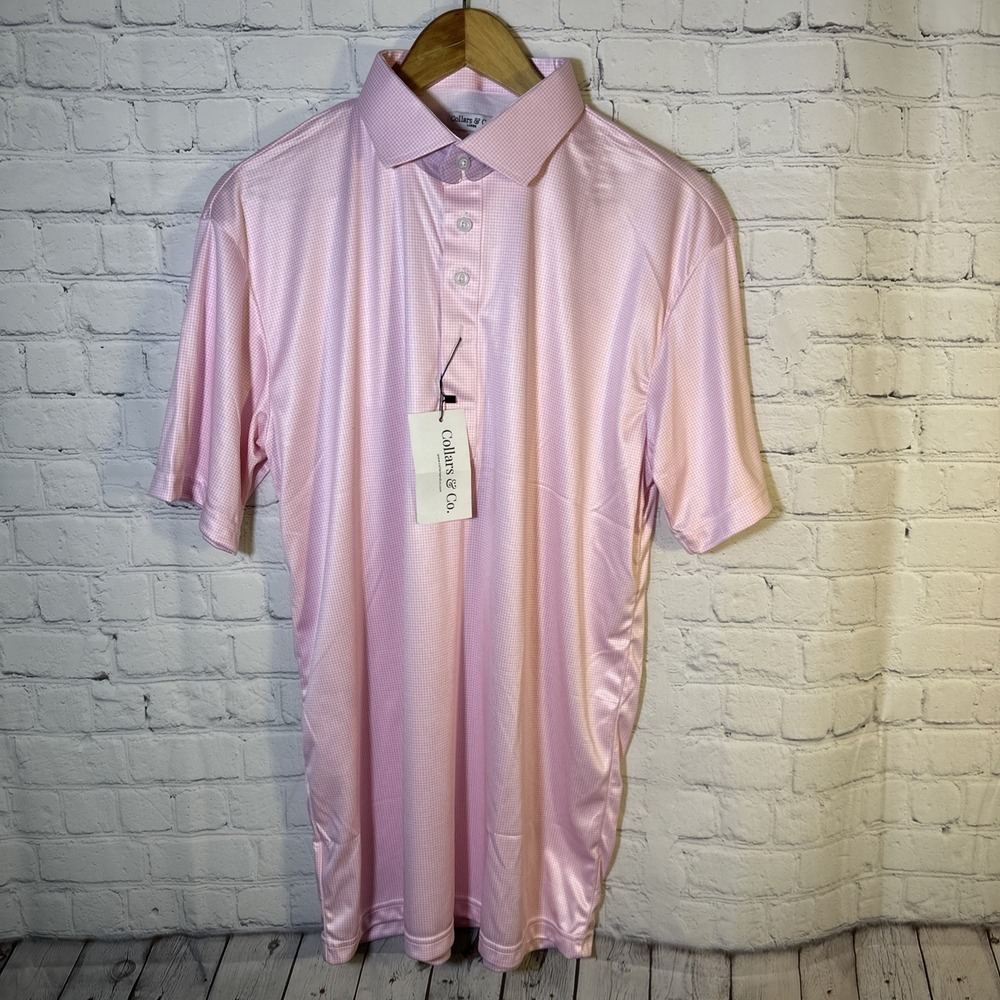 NEW Collars & Co Button Down Polo Dress Mens‎ Large Pink Houndstooth